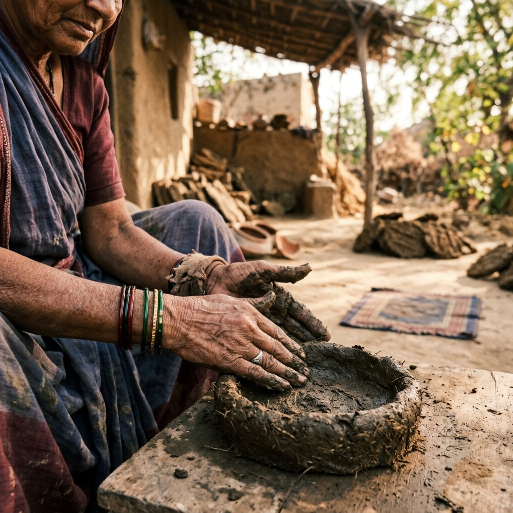 Artisan shaping cow dung by hand in sunlight