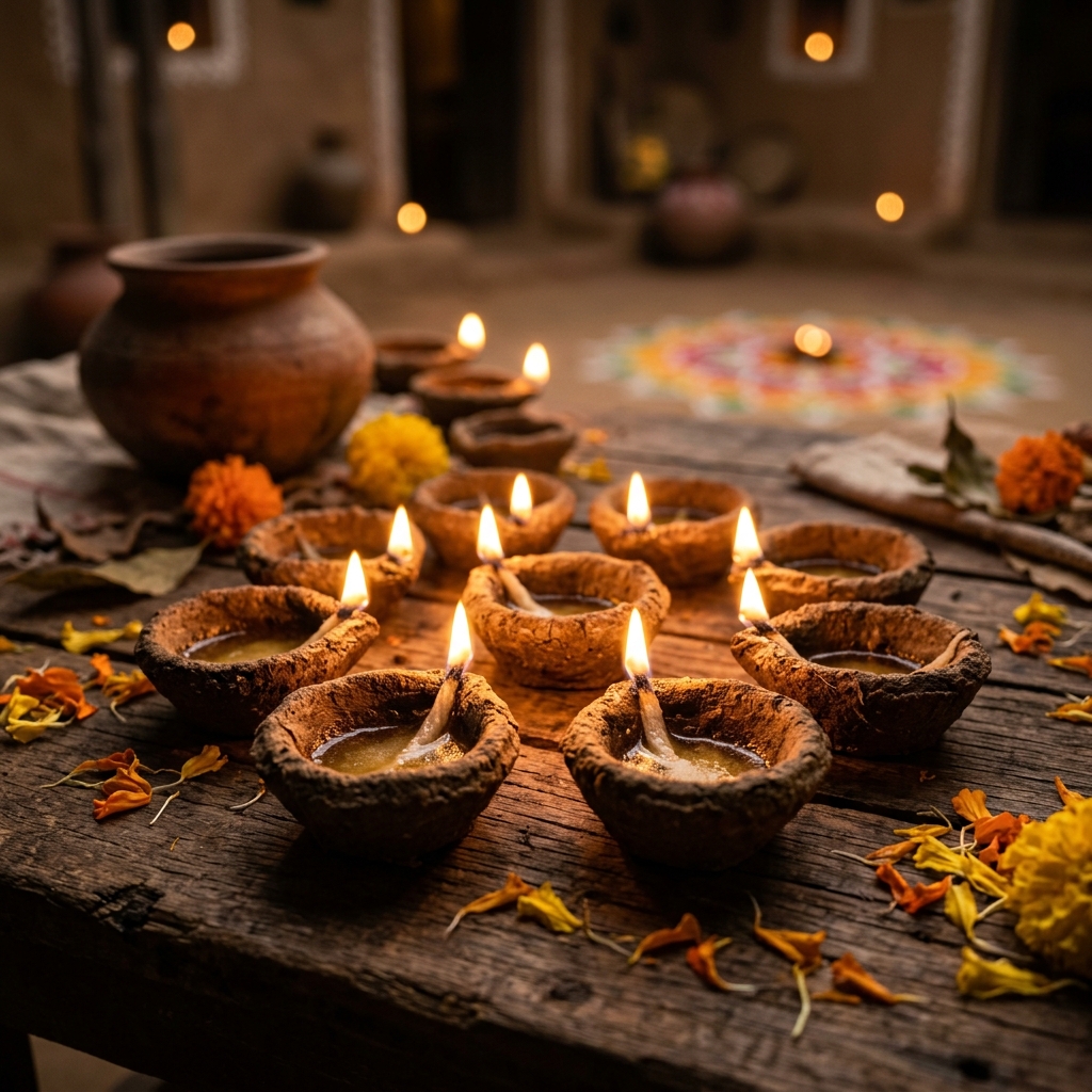 Natural cow dung diyas on textured stone